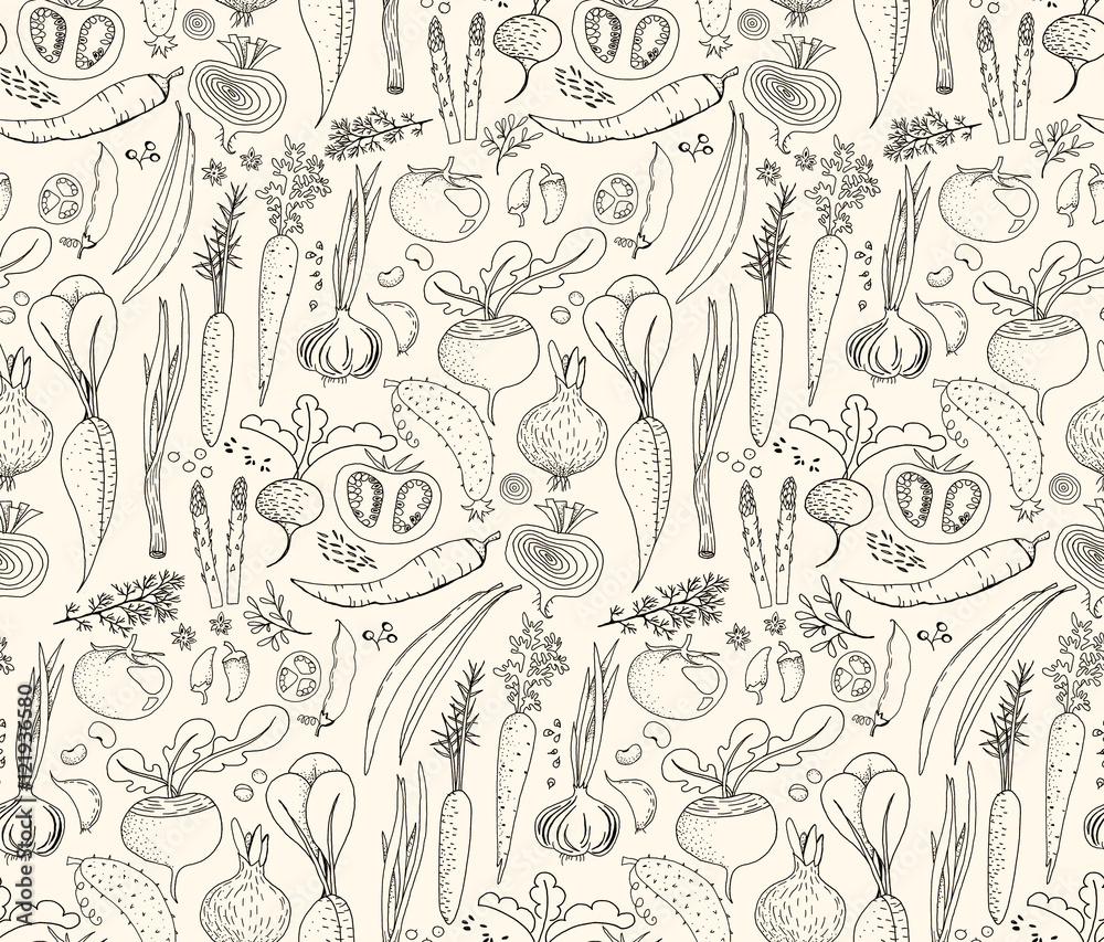 Hand-drawn seamless doodles pattern with different vegetables: tomato, onion, beet, cucumber etc. Harvest repeated background. Line art - obrazy, fototapety, plakaty 