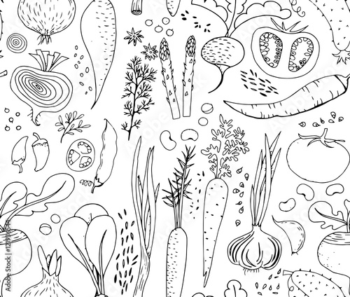 Hand-drawn seamless doodles pattern with different vegetables: tomato, onion, beet, cucumber etc. Harvest repeated background. Line art