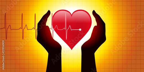 Concept de la cardiologie, montrant un cœur protégé symboliquement par deux mains devant un électrocardiogramme    présentant des pulsassions cardiaques