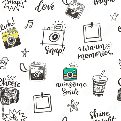 Seamless pattern with hand drawn doodle sketch photo cameras and photographic phrases
