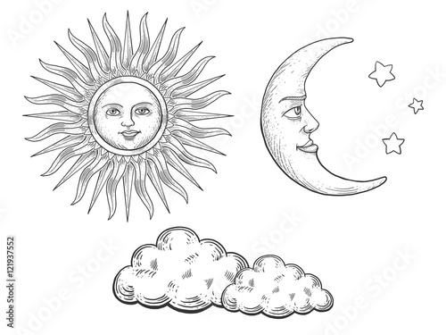 Sun moon with face and clouds engraving vector