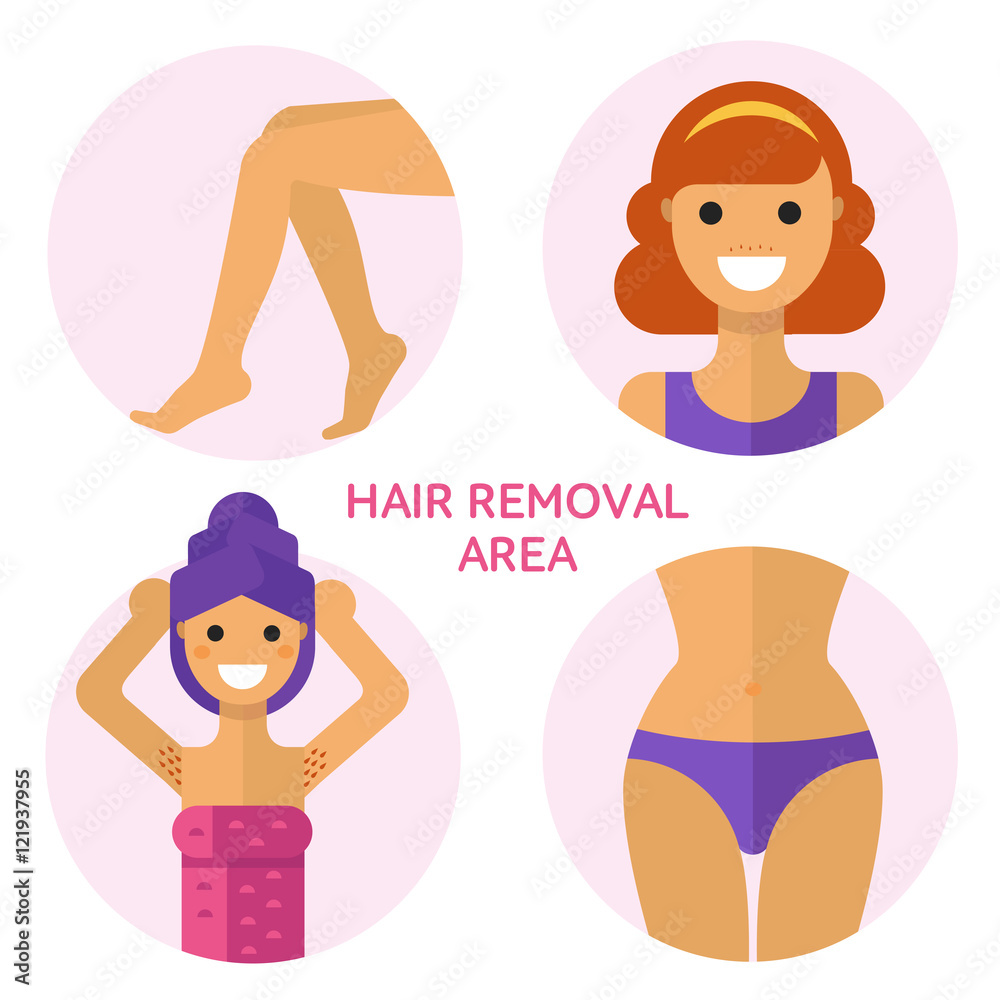 Flat design vector illustration of hair removal, epilation or depilation area. Beautiful woman face, armpits, legs, bikini zones. Body care, health and beauty icons concept. Flat design vector illustration of hair removal, epilation or depilation area. Beautiful woman face, armpits, legs, bikini zones. Body care, health and beauty icons concept.