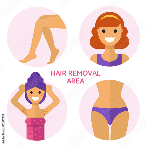 Flat design vector illustration of hair removal, epilation or depilation area. Beautiful woman face, armpits, legs, bikini zones. Body care, health and beauty icons concept.