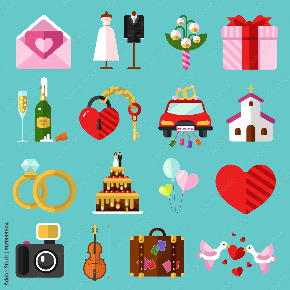 Flat design vector icons set of wedding or marriage. Invitation, bridal bouquet, rings, champagne, bride, groom, cake, gift box, lock and key, birds, car, music, church, heart, camera, baggage. Flat design vector icons set of wedding or marriage. Invitation, bridal bouquet, rings, champagne, bride, groom, cake, gift box, lock and key, birds, car, music, church, heart, camera, baggage.