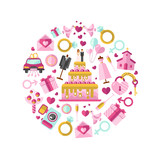 Flat design vector illustration of wedding or marriage. Big cake with bride and groom, invitation, bridal bouquet, rings, champagne, clothes, gift, lock and key, birds, car, air balloon, camera.