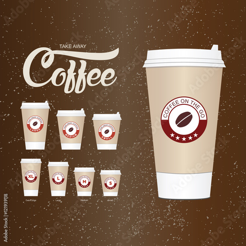 Coffee on the go cups. Different sizes of take away paper coffee cups vector illustration.