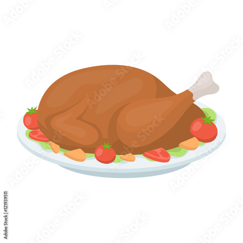 Roasted turkey icon in cartoon style isolated on white background. Canadian Thanksgiving Day symbol stock vector illustration.