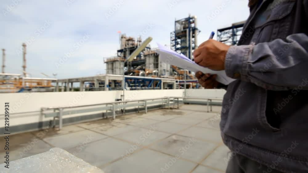 Engineer to check equipment and record to sheet with oil refinery industrial plant behind 
