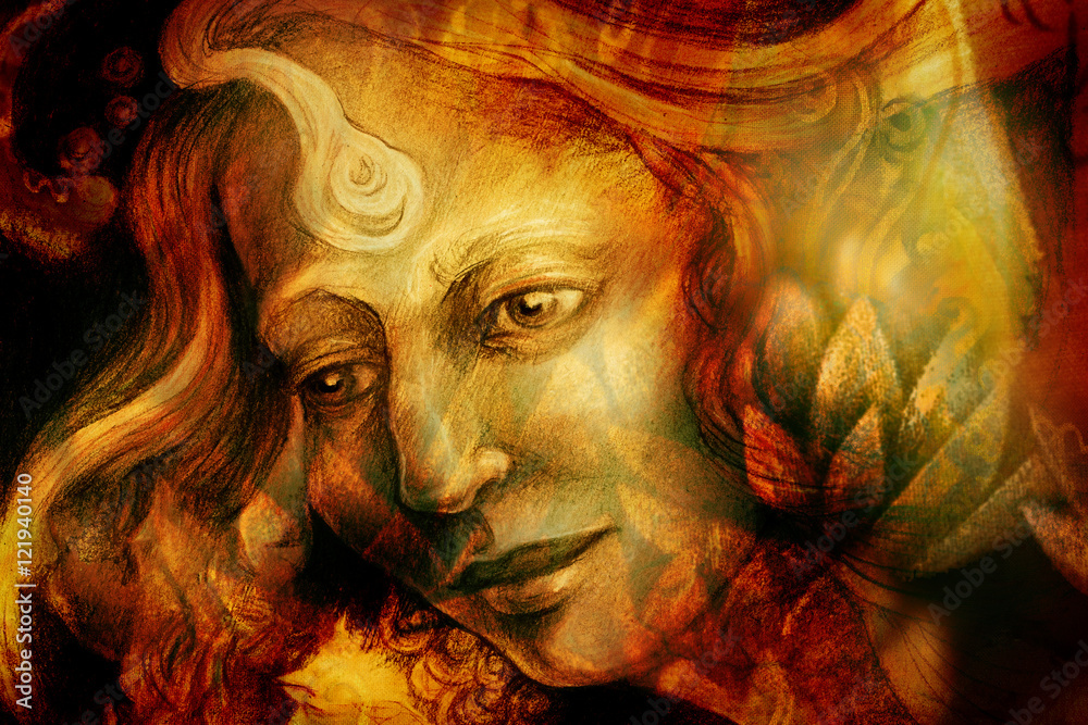 Closeup portrait of an artistic woman painted with red and green color.
