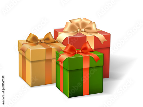 Set of gift boxes different colors, decorated with ribbons and bows. Vector realistic elements for decorate Christmas or Celebration card.