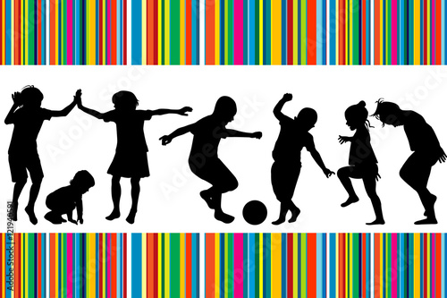 Card with silhouettes of children playing and colored stripes