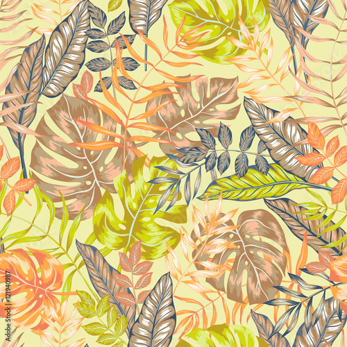 seamless graphical artistic tropical nature jungle pattern, modern stylish foliage background allover print with split leaf, philodendron, palm leaf, fern frond