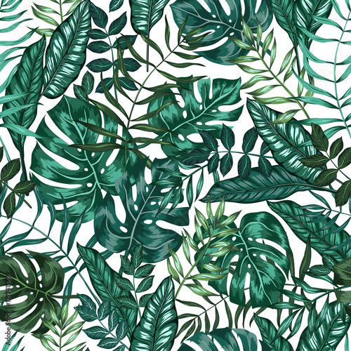 seamless graphical artistic tropical nature jungle pattern, modern stylish foliage background allover print with split leaf, philodendron, palm leaf, fern frond