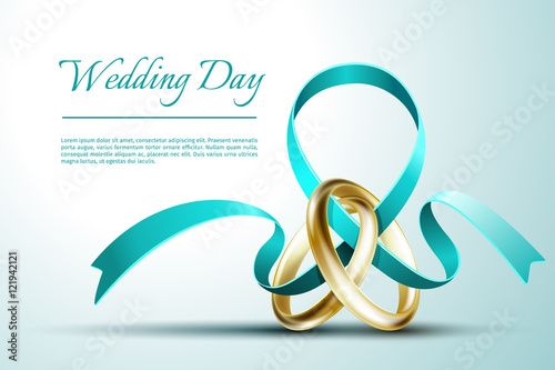 Wedding rings with ribbon invitation card vector template