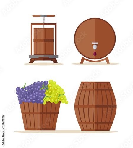 Wine barrels set. Basket with grape. photo