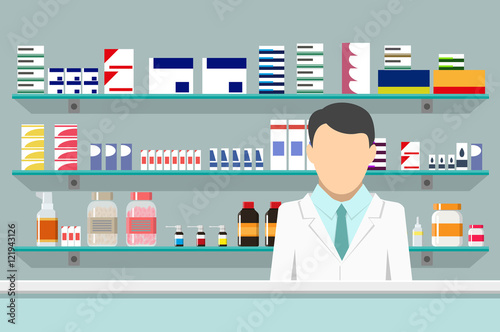 Modern interior pharmacy with male pharmacist