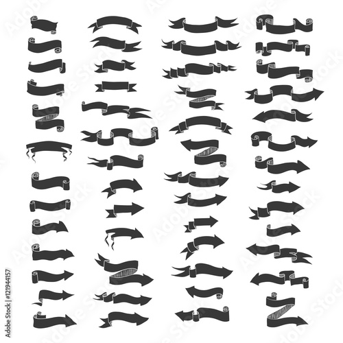 Vector  hand drawn big set of ribbon banners and arrows isolated on white and easy to use. Black and white collections.