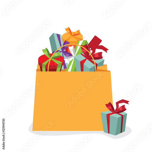 
Flat design shopping bag filled with wrapped gifts icon . EPS 10 vector.