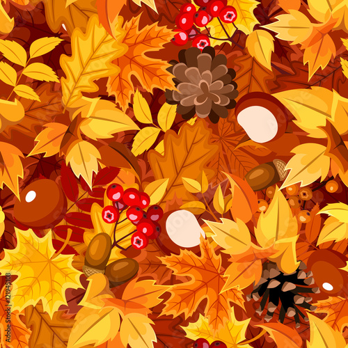 Vector seamless pattern with autumn colorful leaves, cones, chestnuts, rowanberries and acorns.