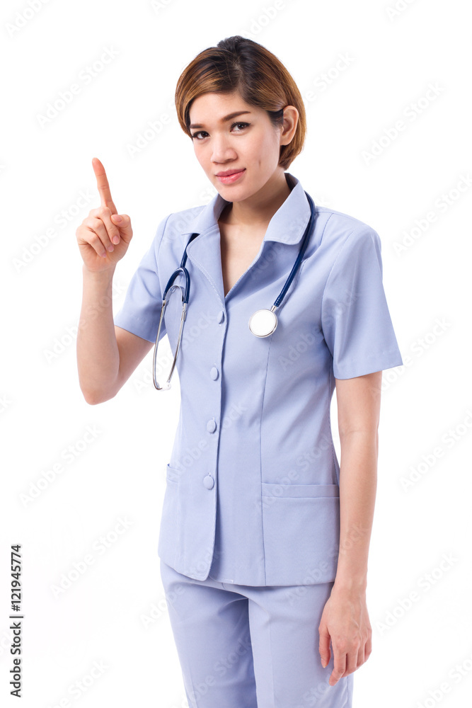 confident nurse pointing one finger up to blank space confident nurse pointing one finger up to blank space