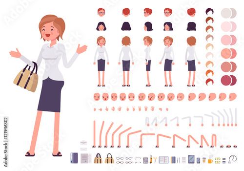 Female clerk character creation set. Build your own design. Cartoon vector flat-style infographic illustration