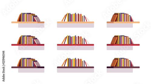 Set of retro flat bookshelves isolated against white background. Cartoon vector flat-style illustration
