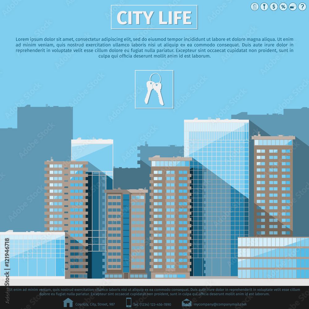 City landscape. Real estate banner. Flat urban background. Vector illustration 10 EPS without transparency