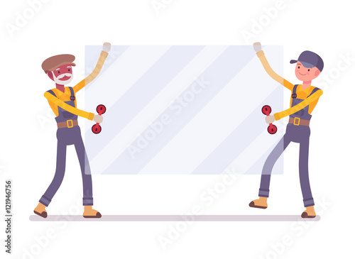 Two men are carrying a sheet of glass. Cartoon vector flat style illustration