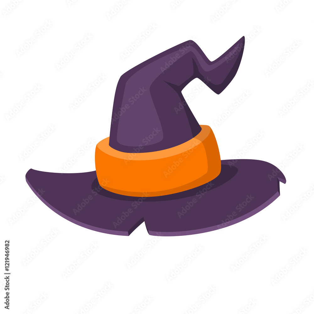 Fototapeta premium Halloween traditional witch hat with strap in cartoon and flat style isolated on white background. Vector illustration.