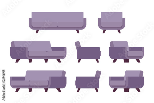 Set of retro lilac sofa and armchair isolated against white background. Cartoon vector flat-style illustration