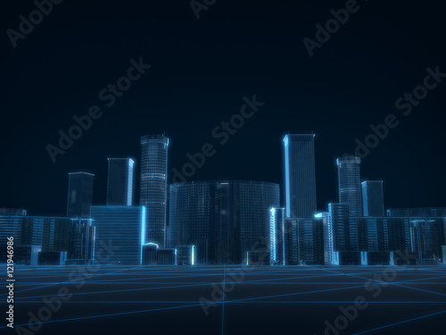 3D render of city x-ray blue transparent on dark background.