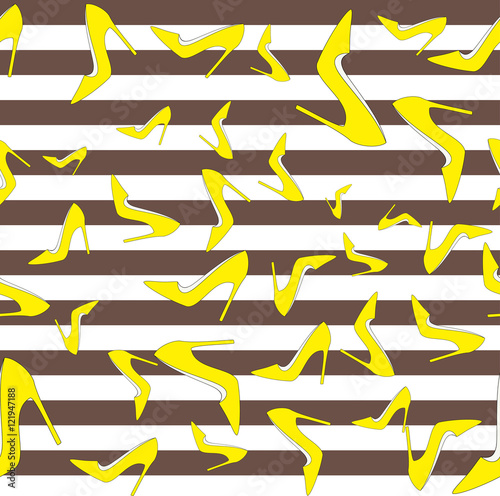 Court shoes seamless pattern - yellow pumps on brown and white strips, vector illustration