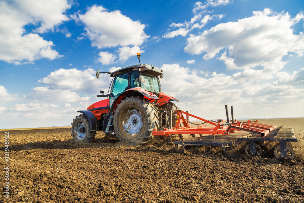 Fototapeta premium Farmer in tractor preparing land with seedbed cultivator