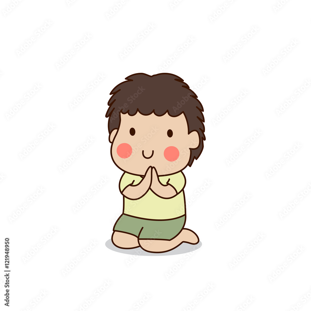 Buddhist boy sitting and paying respect to the Buddha vector illustration. Isolated on white background. Buddhist boy sitting and paying respect to the Buddha vector illustration. Isolated on white background.