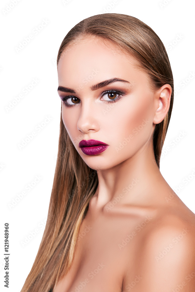 beautiful young girl with professional makeup on a white backgro beautiful young girl with professional makeup on a white backgro