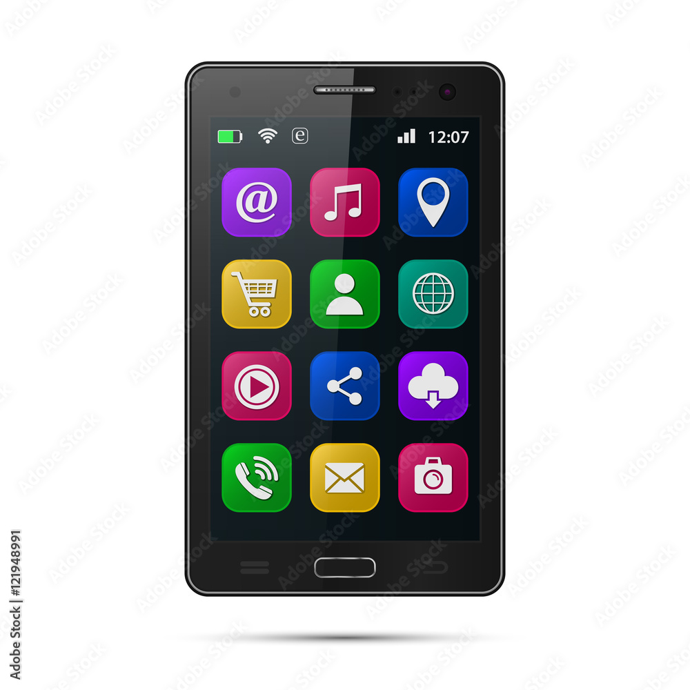 Realistic smartphone with app icons. Touchscreen smartphone with colorful social media application icons. Vector isolated black mobile phone on white background. Realistic smartphone with app icons. Touchscreen smartphone with colorful social media application icons. Vector isolated black mobile phone on white background.
