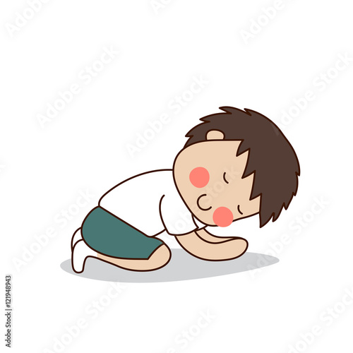 Buddhist boy prostrates himself to worship Buddha vector illustration. Isolated on white background.