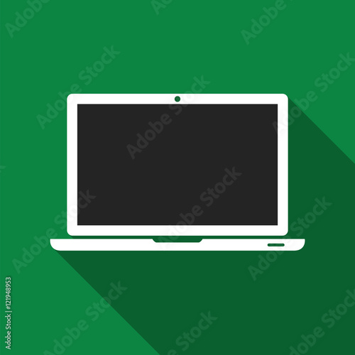 Laptop icon on green background with shadow. Simple notebook sign with blank screen in flat style. Notebook symbol for web site design, logo, app. Vector illustration.