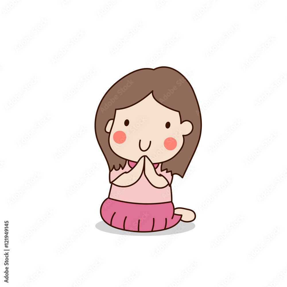 Buddhist girl sitting and paying respect to the Buddha vector illustration. Isolated on white background. Buddhist girl sitting and paying respect to the Buddha vector illustration. Isolated on white background.