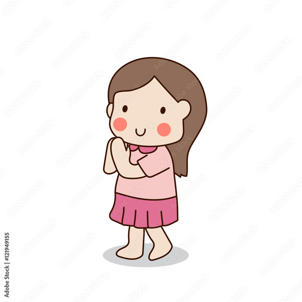 Buddhist girl standing and paying respect to the Buddha vector illustration. Isolated on white background. Buddhist girl standing and paying respect to the Buddha vector illustration. Isolated on white background.