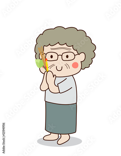 Buddhist elderly woman walking with lighted candles in hand around a temple to pay respect to the Triple Refuges (Buddha, Dhamma, Sangha) vector illustration. Isolated on white background.