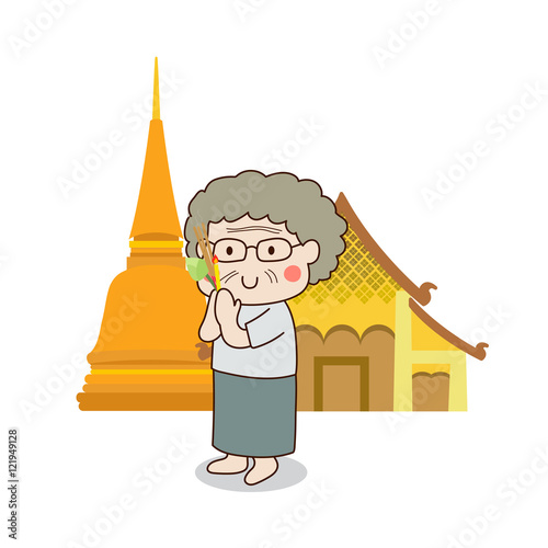 Buddhist elderly woman walking with lighted candles in hand around a temple to pay respect to the Triple Refuges (Buddha, Dhamma, Sangha) vector illustration. Isolated on white background.