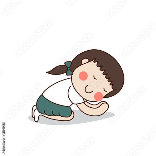 Buddhist girl  prostrates herself to worship Buddha vector illustration. Isolated on white background.