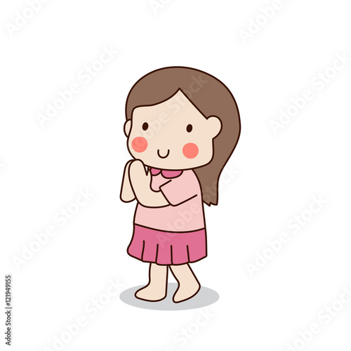 Buddhist girl standing and paying respect to the Buddha vector illustration. Isolated on white background.