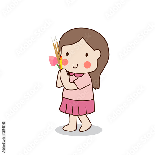 Buddhist girl walking with lighted candles in hand around a temple to pay respect to the Triple Refuges (Buddha, Dhamma, Sangha) vector illustration. Isolated on white background.