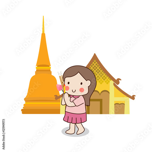 Buddhist girl walking with lighted candles in hand around a temple to pay respect to the Triple Refuges (Buddha, Dhamma, Sangha) vector illustration. Isolated on white background.