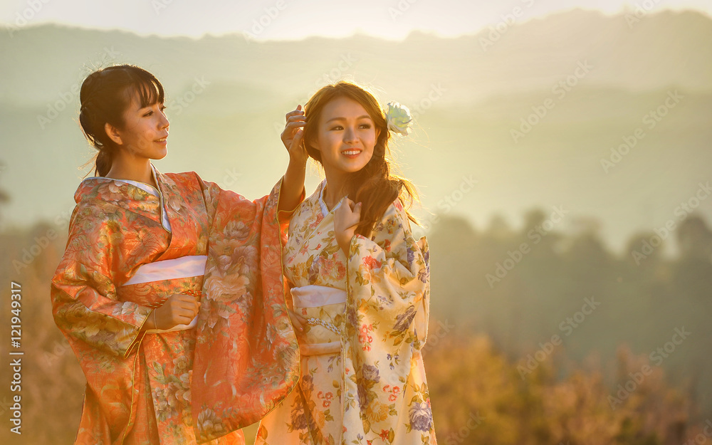 Attractive asian woman wearing traditional Japanese Kimono
