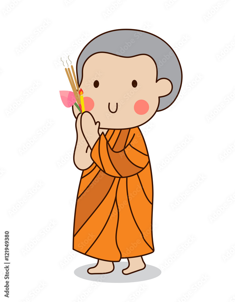 Buddhist novice walking with lighted candles in hand around a temple to pay respect to the Triple Refuges (Buddha, Dhamma, Sangha) vector illustration. Isolated on white background. Buddhist novice walking with lighted candles in hand around a temple to pay respect to the Triple Refuges (Buddha, Dhamma, Sangha) vector illustration. Isolated on white background.