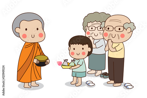 Buddhist novice holding alms bowl in his hands to receive food offering from standing boy and standing elderly couple.