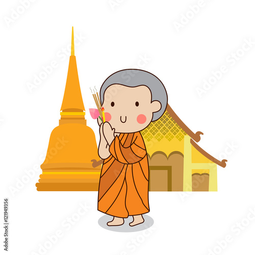 Buddhist novice walking with lighted candles in hand around a temple to pay respect to the Triple Refuges (Buddha, Dhamma, Sangha) vector illustration. Isolated on white background.